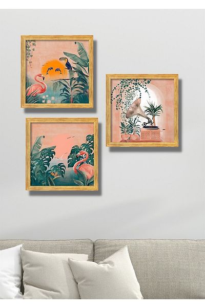 NT Handmade 3 τεμάχια Ξύλινο πλαίσιο Προσοφθάλμια Flamingo Διακόσμηση τοίχου - Σετ ζωγραφικής για σαλόνι κουζίνα υπνοδωμάτιο