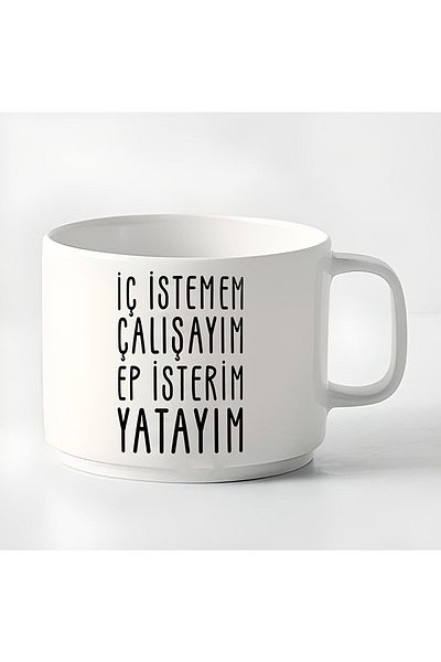 GünayStore Double Turkish Coffee Cup I Don't Want to Drink Espresso I Want to Work, I Want to Lie Down Printed 180 Ml
