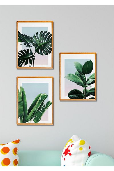 NT Handmade 3 bucăți de decor de perete cu frunze verzi cu aspect de cadru din lemn