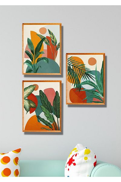 NT Handmade 3 bucăți cadru din lemn aspect frunze tropicale decor de perete pictură pentru sufragerie bucătărie dormitor