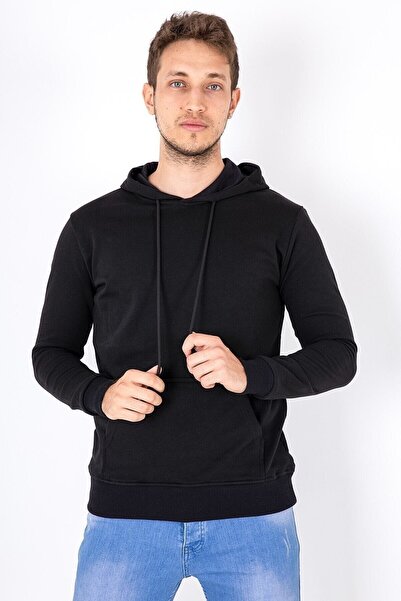 MY LIFE Mylife Erkek Kapüşonlu Kanguru Cep Basic Sweatshirt Siyah - Mlf2584