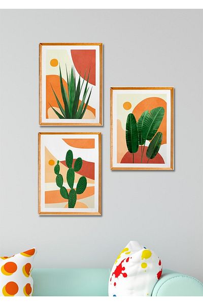 NT Handmade 3 bucăți cadru din lemn aspect boem frunze verzi decor de perete pictură pentru sufragerie bucătărie dormitor