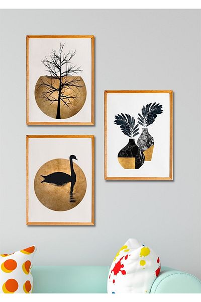 NT Handmade 3 τεμάχια Ξύλινο πλαίσιο Προσομοίωσης Διακόσμηση τοίχου Swan - Σετ ζωγραφικής για σαλόνι, υπνοδωμάτιο, κουζίνα