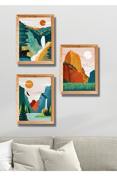 NT Handmade Decor de perete cu cascada cu aspect de cadru din lemn din 3 piese - set de pictură pentru sufragerie, bucătărie, dormitor