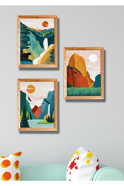 NT Handmade Decor de perete cu cascada cu aspect de cadru din lemn din 3 piese - set de pictură pentru sufragerie, bucătărie, dormitor