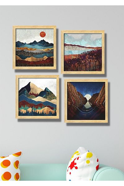 NT Handmade 4 Piece Wooden Frame Look Moon View Wall Decor - Painting Set for Living Room Kitchen Bedroom