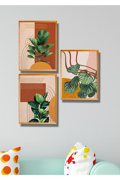NT Handmade Set de pictură decorativă de perete cu frunze de epocă cu aspect de cadru din lemn din 3 piese pentru sufragerie, bucătărie, dormitor