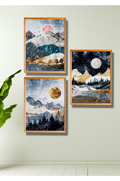 NT Handmade Set de pictură pentru decorarea peretelui prin satelit, 3 piese, cu aspect de cadru din lemn, vedere la munte, pentru dormitor