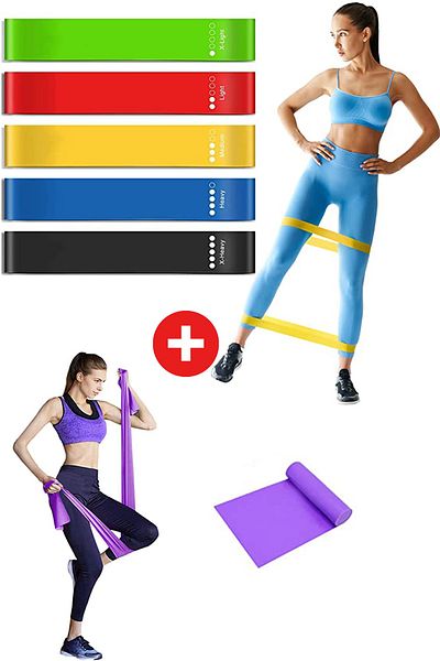 Technojet 5 Pieces of Different Level Resistance Bands and 1 Piece of 130cmx15cm Pilates Tire, Sports Exercise Aerobics