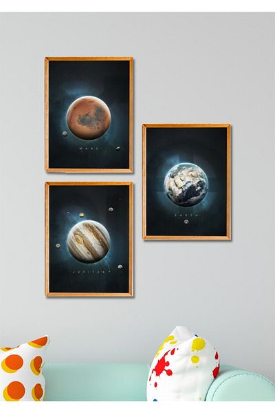 NT Handmade Decor de perete Planete cu aspect de cadru din lemn din 3 piese - Set de pictură pentru living, bucătărie, dormitor