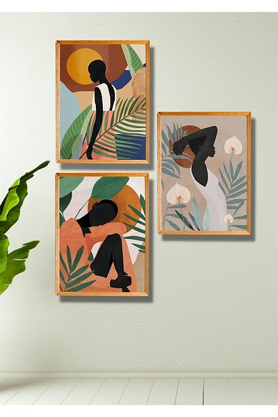 NT Handmade Decor de perete pentru femei cu aspect de cadru din lemn din 3 piese - Set de pictură pentru living, dormitor, bucătărie