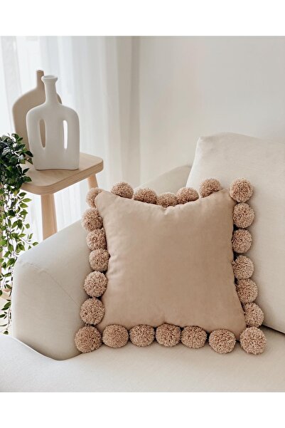 Hestia Home Ponponlu Kırlent Kılıfı Ponpon Yastık Kılıfı Pudra 40x40