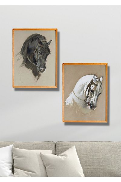 NT Handmade 2 Piece Wood Frame Look Noble Horses Wall Decor - Painting Set for Living Room Kitchen Bedroom