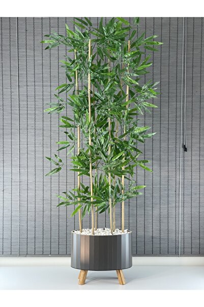 Bahçem Ahşap Saksılı Ayaklı Elips Model Yapay Yoğun Yapraklı Dekoratif Bambu Ağacı 155cm 6 Gövde
