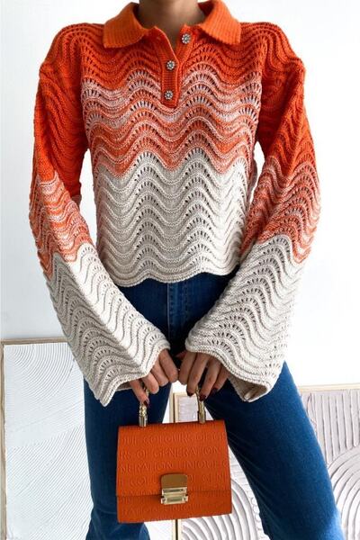 FEMELLE Women's Orange Stone Button Detailed Standard Size Knitted Sweater