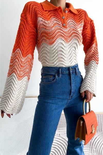 FEMELLE Women's Orange Stone Button Detailed Standard Size Knitted Sweater