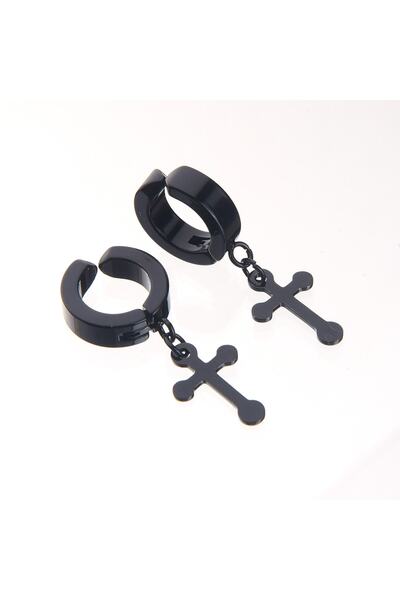 idolavm Erkek Küpe Çelik Sıkıştırmalı Haç Işareti Takı Aksesuar P24 T5