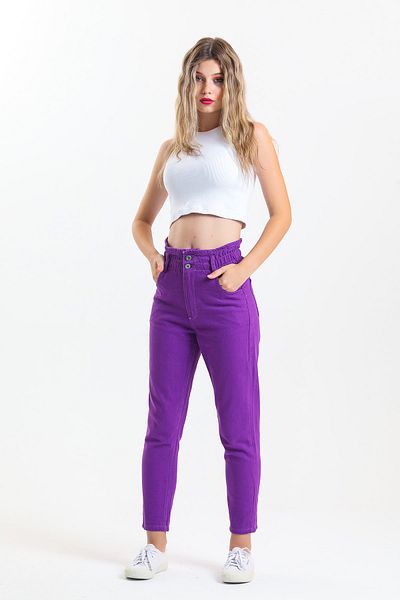 SHEVEGA Μωβ ψηλόμεσο Lycra ελαστικό παντελόνι μέσης Mom Jean