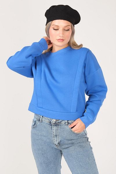 Giyim Dünyası Women's Crew Neck Crop Sweatshirt Saks Blue
