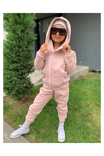 Pembe 3 Iplik Şardonlu Yan Fermuarlı Kapüşonlu Tarz Eşofman Takım