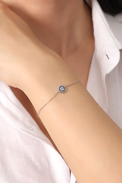 Bilsen Store 925 Ayar Gümüş Zincirli Mavi Beyaz Zirkon Taşlı Güneş Bileklik