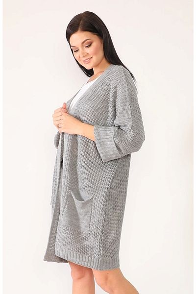 Devinka Women's Gray Oversize Model Long Pocket Knitwear Cardigan