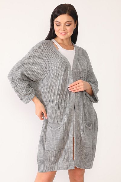 Devinka Women's Gray Oversize Model Long Pocket Knitwear Cardigan