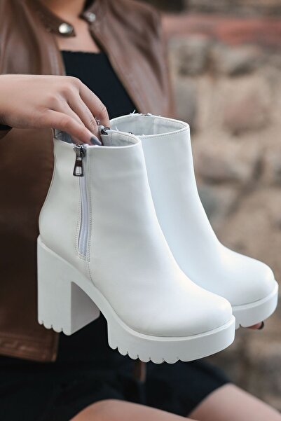 LEYDİ SHOES Λεπτομέρεια με φερμουάρ πλατφόρμας Melani Λευκές γυναικείες μπότες