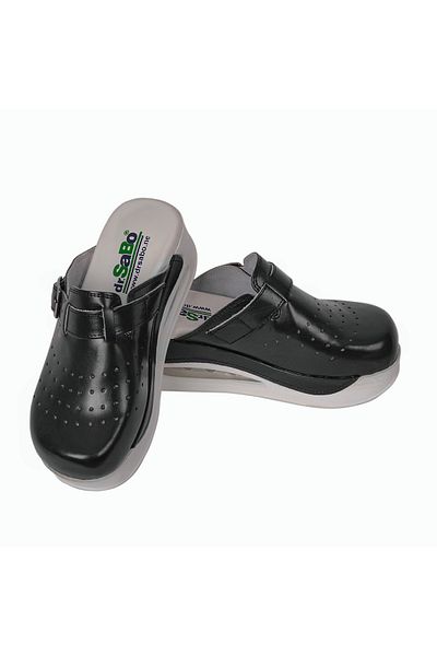 DR SABO Buckle Black Color Leather Airmax Women's Orthopedic Slippers, Nurse Doctor Hospital Home Slippers