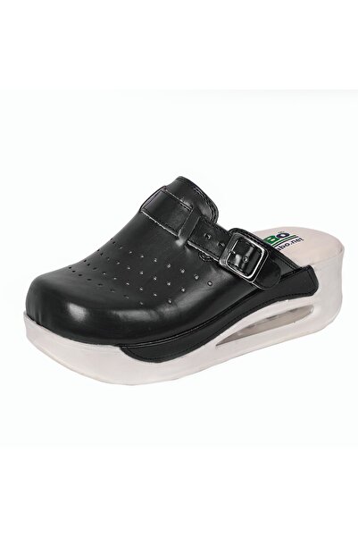 DR SABO Tokalı Siyah Renk Deri Airmax Kadın Ortopedik Terlik, Hemşire Doktor Hastane Ev Terliği