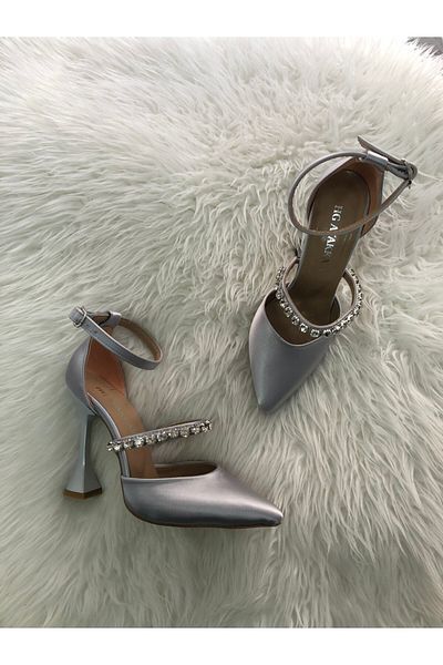 Hg Ayakkabı Stiletto de piatră cu toc din satin gri argintiu Fendy