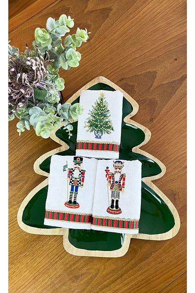 ge living Decorative Christmas Tree and Nutcracker Patterned Hand Towel - New Year Series Set of 3
