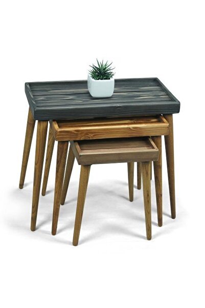 Mobenta Doğal Ağaç Masif Kütük Lata 3’lü Zigon Sehpa