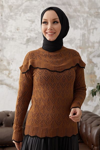 InStyle Alvi Ruffle Detailed Stripped Knitwear Svetr - Hnědý
