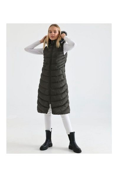 KMKkombin Women's Hat Furry Dense Fiber Filling Print Detailed Slim Fit Long Puffer Vest