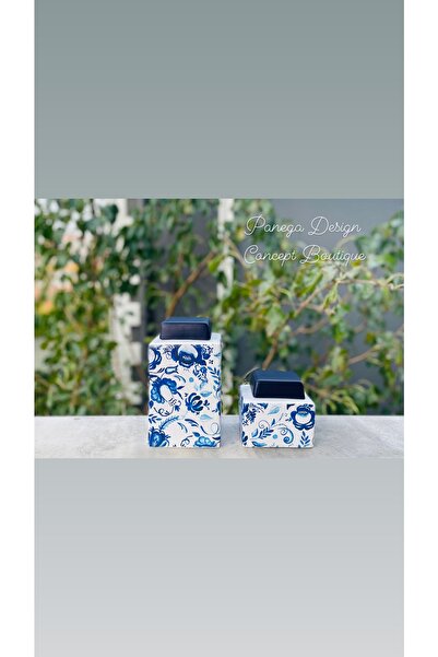 Panega Design Lacivert Çiçek Desenli Kare Kavanoz Takım