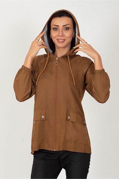 Primaro Zippered Hooded Brown Windbreaker Raincoat with Pockets
