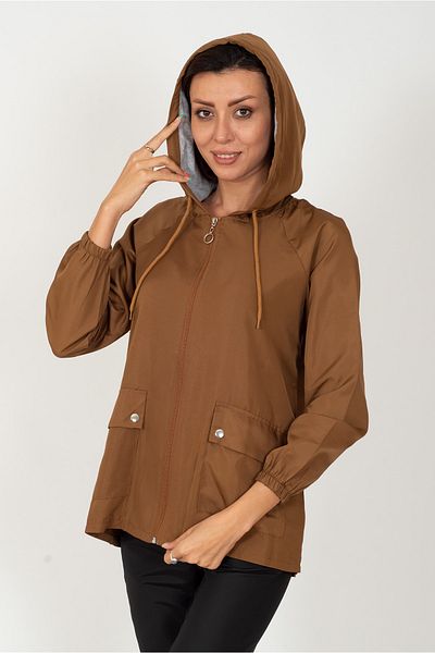 Primaro Zippered Hooded Brown Windbreaker Raincoat with Pockets
