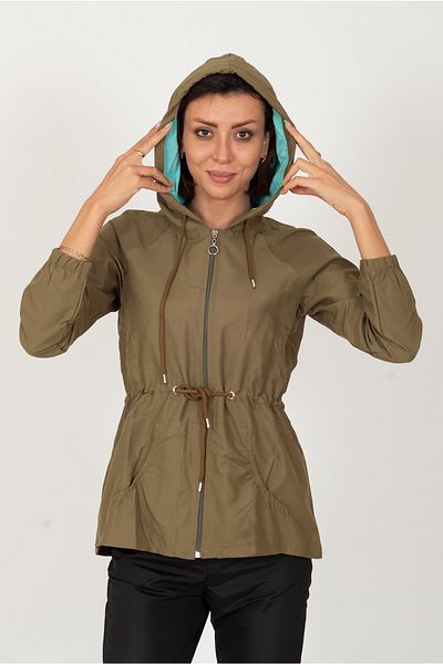 Primaro Waist Drawstring Hooded Light Khaki Windbreaker Raincoat