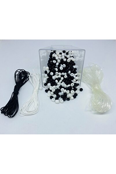 YAĞMUR BİJUTERİ Black and White Hobby Set - 40 G Mixed Glass Sand Beaded Elastic Line