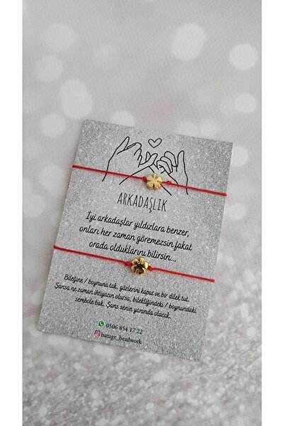 batugebeadwork 2' Li ( Kartlı ) Arkadaşlık Bilekliği Şans Yonca Kırmızı Ip Bi...