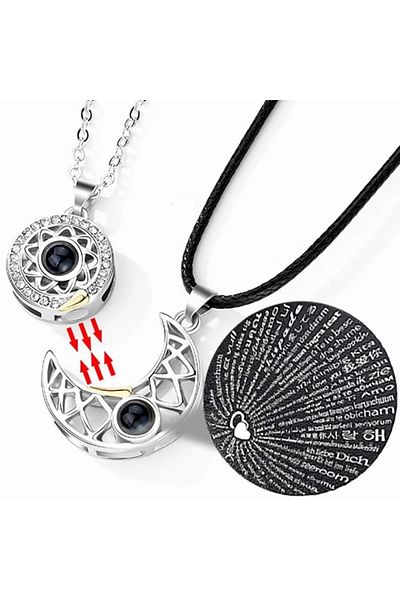 Köstebek Sun And Moon 100 Languages Projection Magnetic Magnet Couple Necklace with I Love You