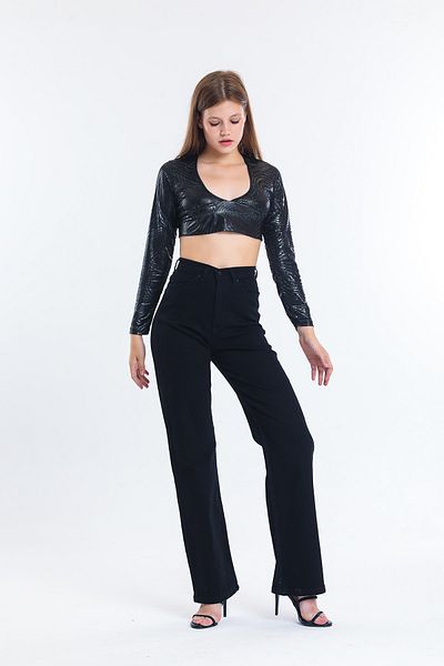 SHEVEGA Blugi negri cu talie înaltă Lycra cu picioare largi Boyfriend Jeans cu picioare largi (MULGĂ LATĂ)