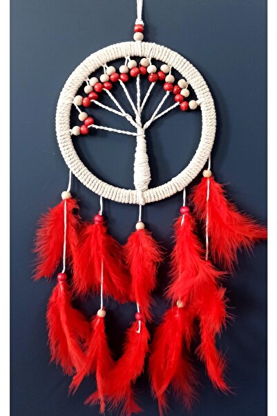 Mixperi Kırmızı Kuş Tüylü Hayat Ağacı Düş Kapanı Duvar Süsü