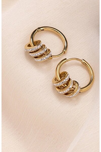 HOSBUTIK Gold Çelik Taşlı Kararmaz Halka Küpe