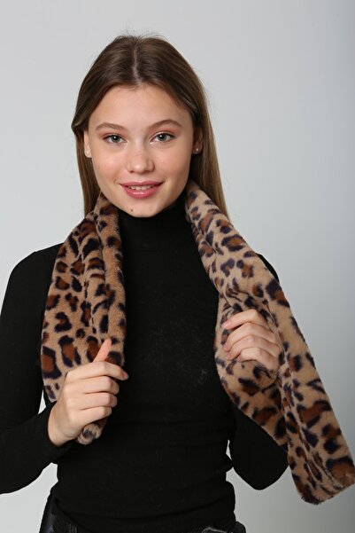 FELLMENS Kahve Leopar Yumuşak Dokulu Peluş Kadın Boyunluk