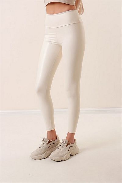 canstreetwear Ecru High Waist Fleece Leather Leggings