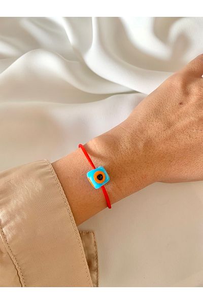 Atelier Çağla Glass Blue Beaded Red Rope Bracelet