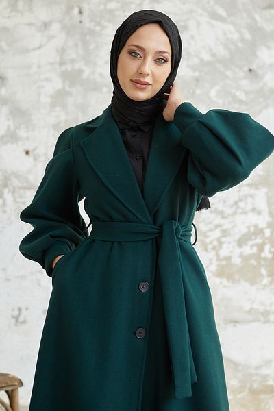 InStyle Kašmírový kabát Diana Balloon Sleeve Belted - smaragdově zelená