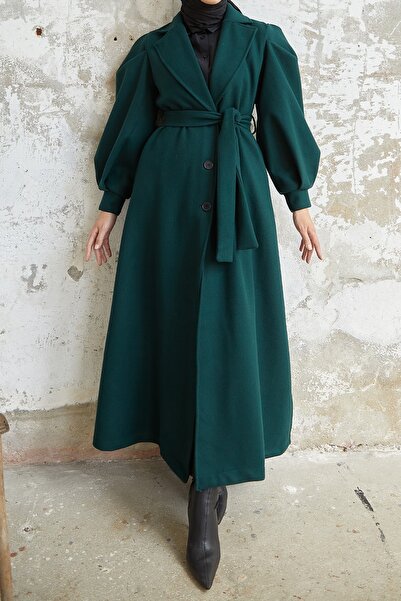 InStyle Kašmírový kabát Diana Balloon Sleeve Belted - smaragdově zelená